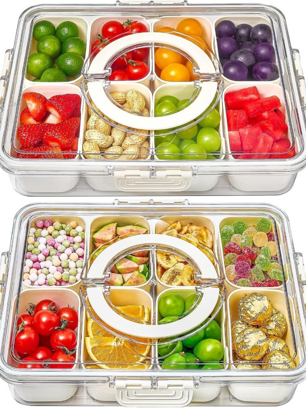 2 Pack Snack Box Containers with Lid & Handle - Divided Serving Trays for